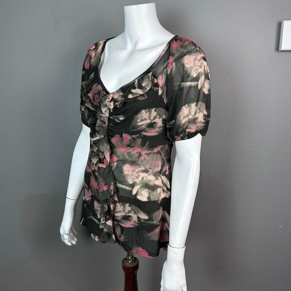 DKNY Top Small Short Sleeve Ruffle Floral Black whimsigoth grunge y2k gauzy pink - Picture 7 of 9